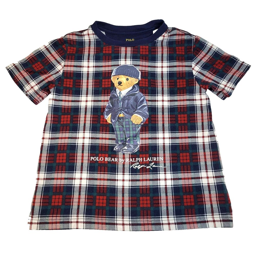 Polo Ralph Lauren Polo Bear Plaid Cotton Graphic Crew Tee Youth Size 6
